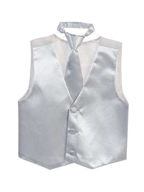 Tip Top Kids Little Boys Silver Three Button Satin Vest Tie 2 Pc Set 2-6 - SophiasStyle.com